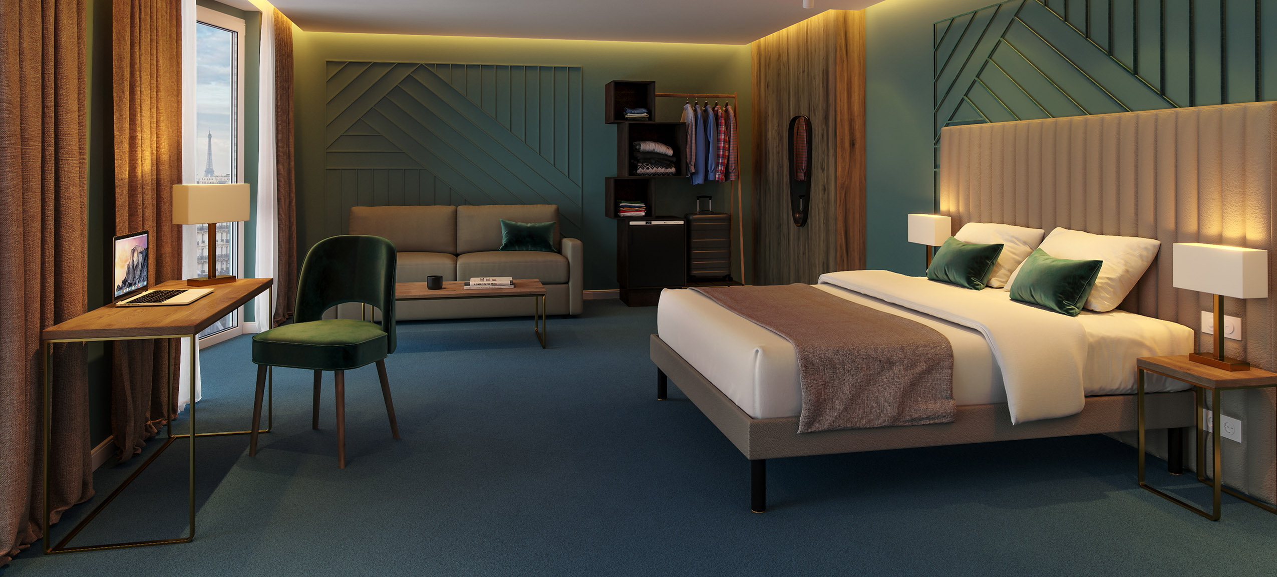 Chambre d'hôtel complète : tête de lit, chaise, dressing, bureau